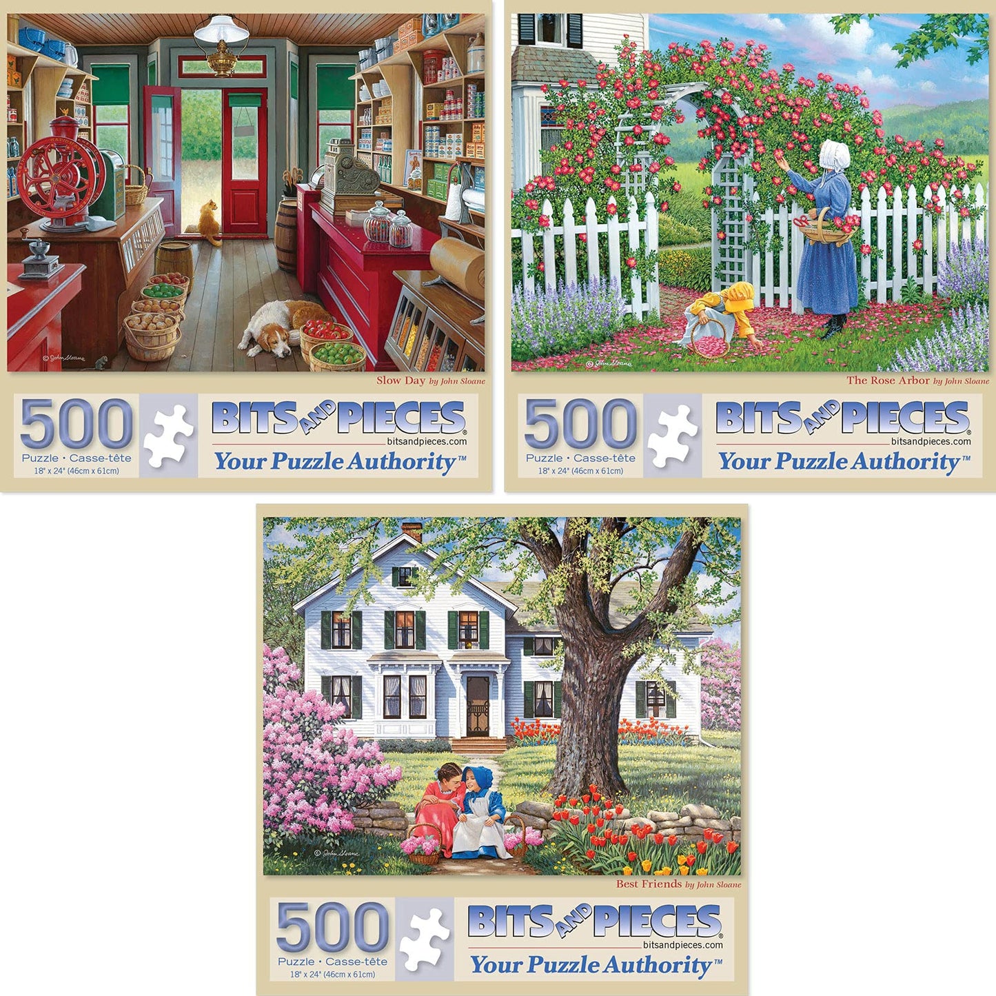 Bits and Pieces - Value Set of Three 500 Piece Jigsaw Puzzles for Adults - Slow Day, The Rose Arbor, Best Friends Jigsaw Puzzles by Artist John