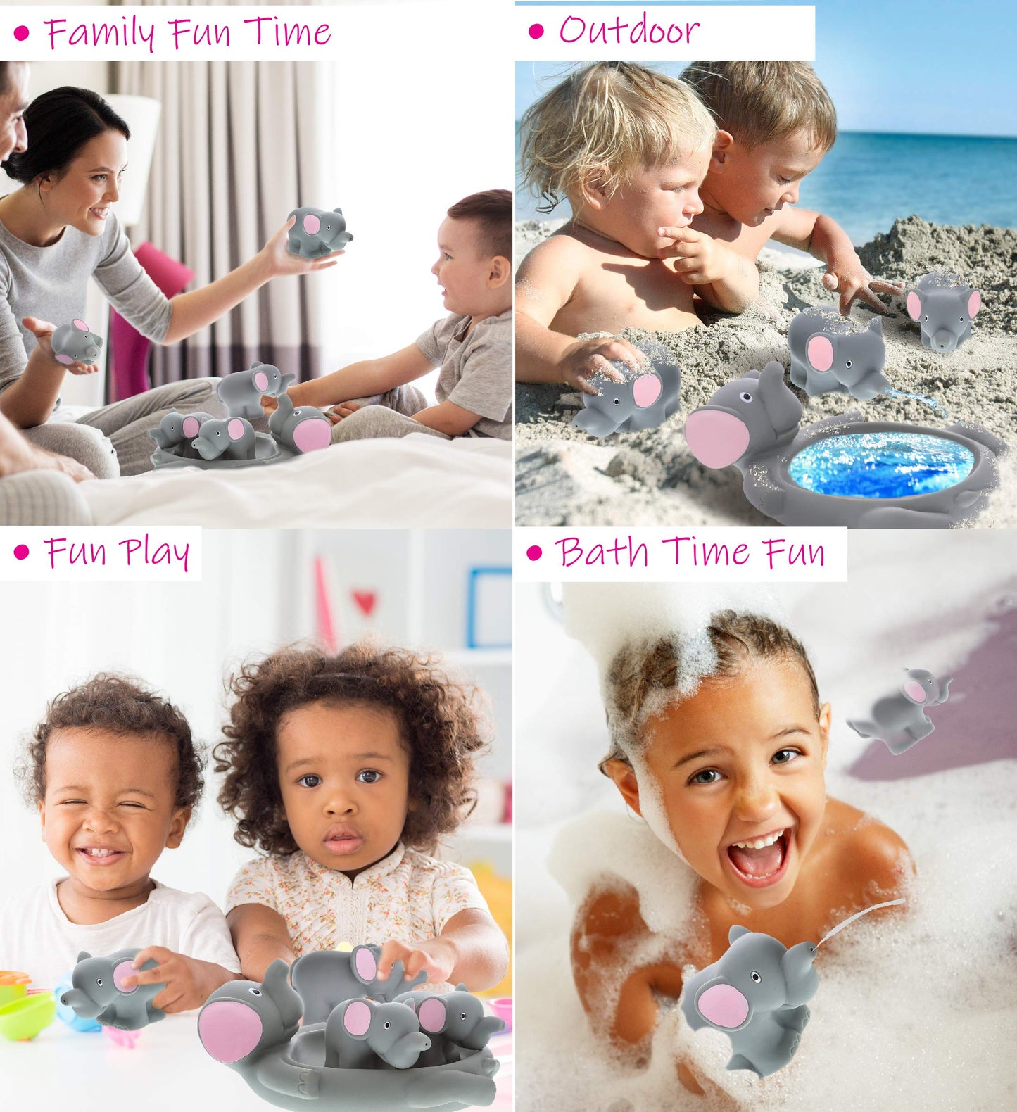 DolliBu Elephant Family Animal Bath Squirters 4 Piece Bath Toy Set, Children Bath Toys for Bathtime & Water Fun, Girls & Boys Floating Rubber Squirt