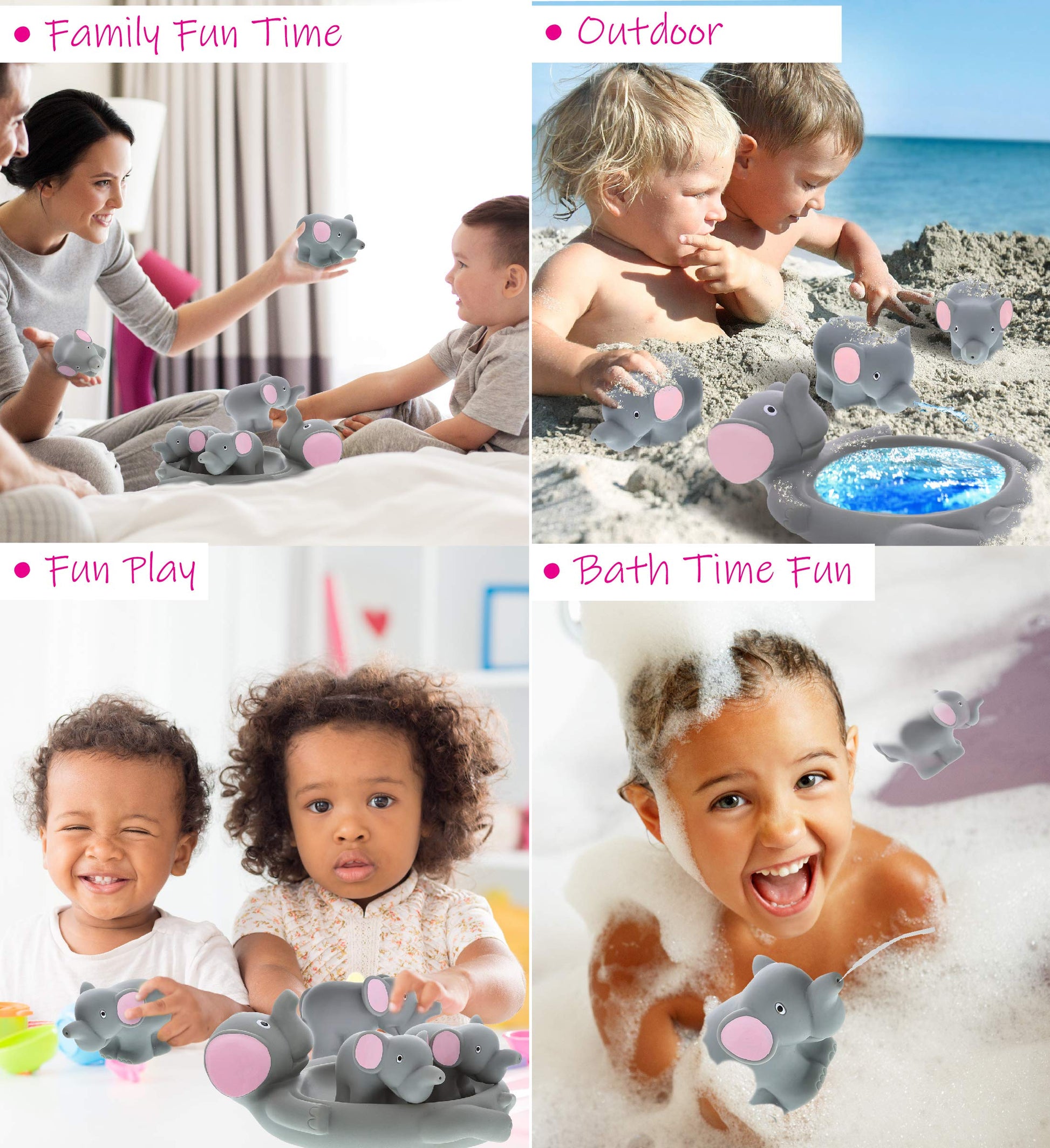 DolliBu Elephant Family Animal Bath Squirters 4 Piece Bath Toy Set, Children Bath Toys for Bathtime & Water Fun, Girls & Boys Floating Rubber Squirt