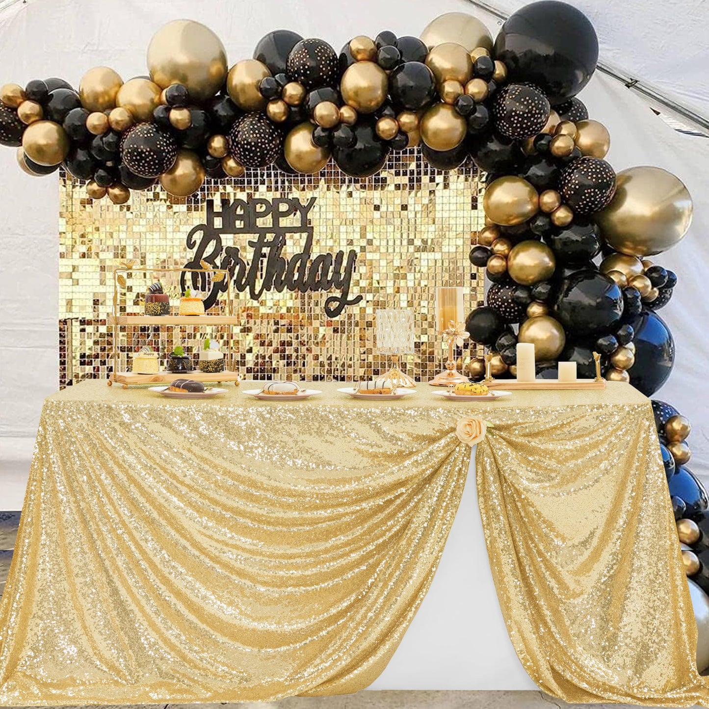 FYLEDAEE Light Gold Sequin 60X102 inch Rectangle Table Cloths for Parties, Glitter Large Overlay Table Cover Fitted 6 FT Cake Tables for Christmas
