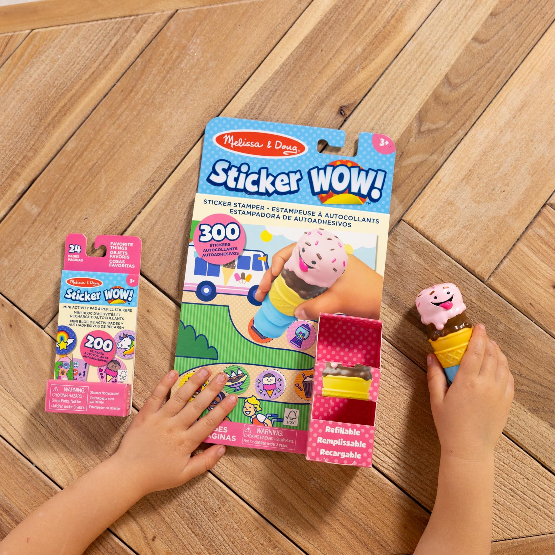 Melissa & Doug Sticker Wow!™ Ice Cream Bundle: 24-Page Activity Book, Refillable Sticker Stamper, Mini Pad, 500 Stickers, Arts and Crafts for Kids