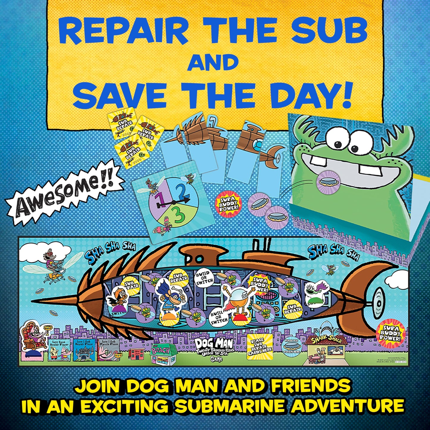University Games, Dog Man Twenty Thousand Fleas Under The Sea, Board Game for Kids, Family Game Ages 6+, Based on Dav Pilkey Dog Man Books