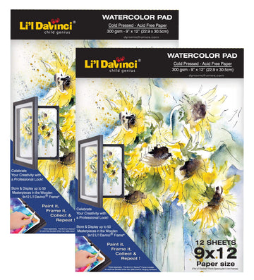 Li'l Davinci 9x12 Watercolor Pad, 12 Sheets, 300gsm Cold Pressed, Acid-Free, Heavyweight Paper, Professional-Grade Paper for Watercolor, Ink,