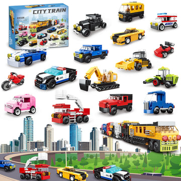 16 Pack Building Blocks Party Favors for Kids, Lego-Compatible 2 in 1 710pcs Building Kits Mini City Vehicles Include Police Car & Train, Christmas