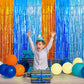 Blue Dog Birthday Party Supplies, 2 Packs 3.3x6.6 ft Foil Fringe Curtains, Orange Light blue Tinsel Metallic Streamers, Photo Booth Props Streamer