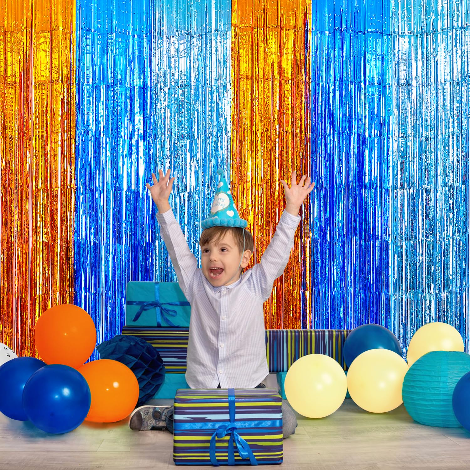 Blue Dog Birthday Party Supplies, 2 Packs 3.3x6.6 ft Foil Fringe Curtains, Orange Light blue Tinsel Metallic Streamers, Photo Booth Props Streamer