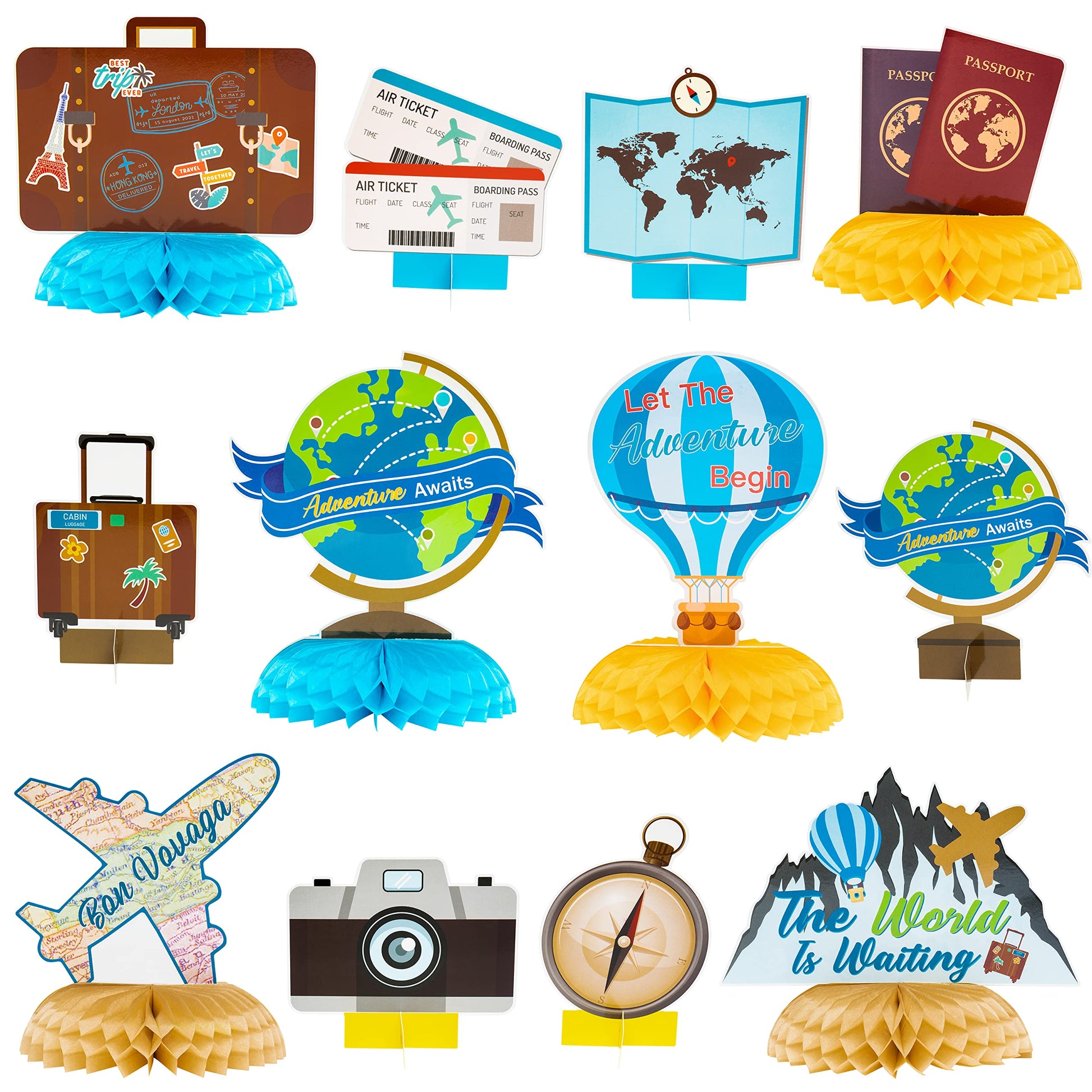 OSNIE 12 Travel Themed Honeycomb Centerpieces- Adventure Awaits Party Decor