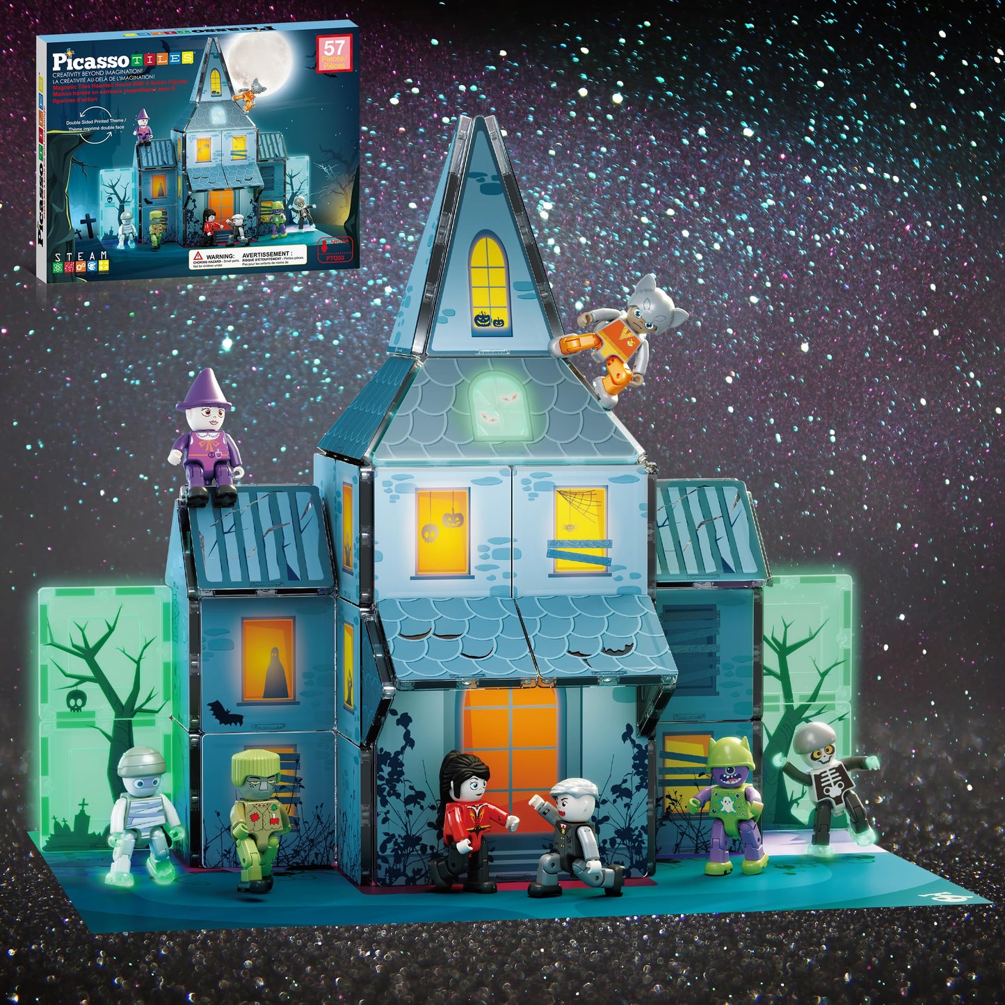PicassoTiles Scary Haunted House Magnetic Tiles Building Block with 8 Halloween Theme Action Figure Magnet Construction Toy Kit Double-Sided Mansion