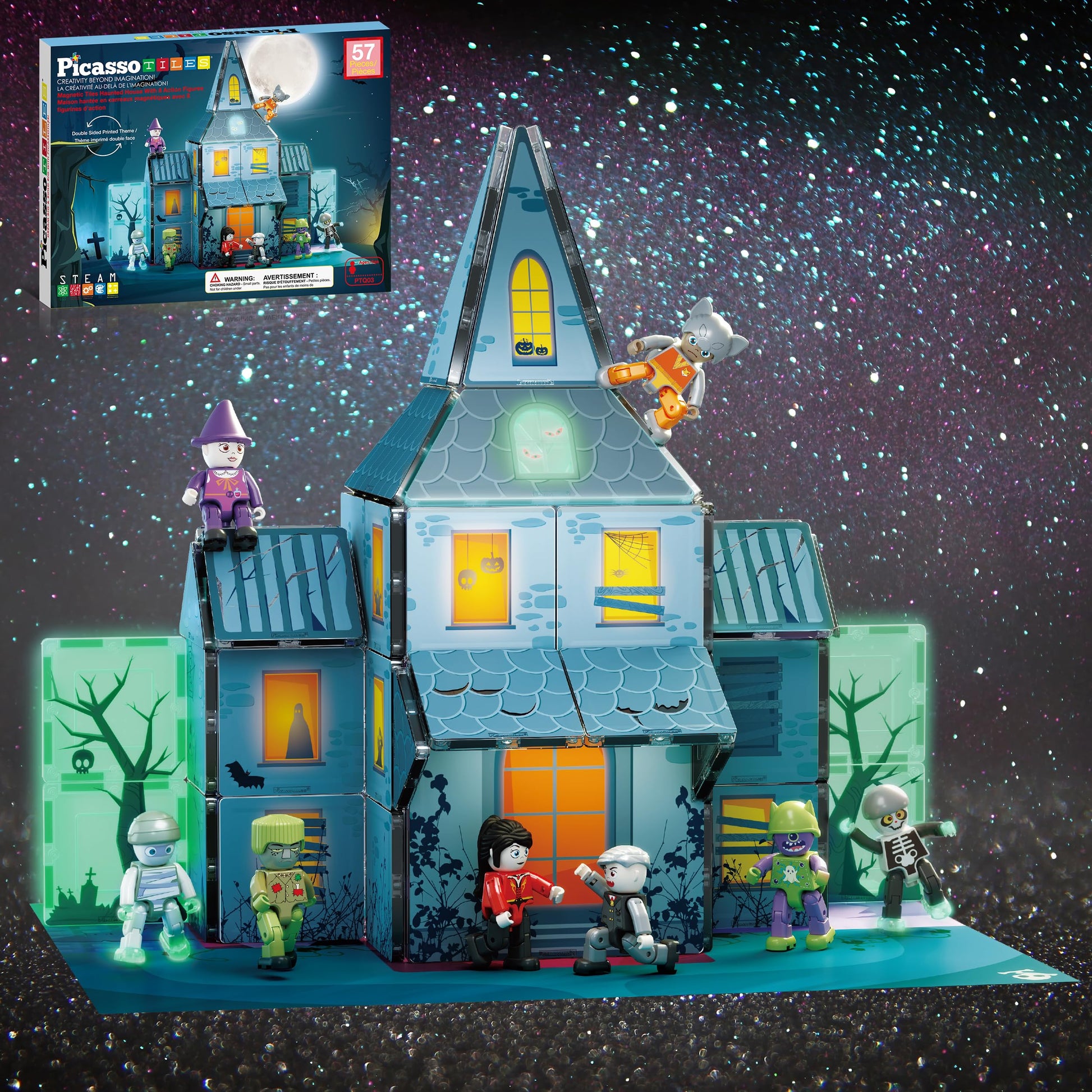 PicassoTiles Scary Haunted House Magnetic Tiles Building Block with 8 Halloween Theme Action Figure Magnet Construction Toy Kit Double-Sided Mansion
