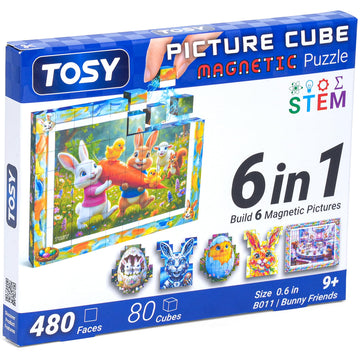 TOSY Picture Cube Bunny Friends: 6-in-1 Magnetic Picture Puzzle, Easter Basket Stuffers STEM Gift for Kids & Adults, 80 Blocks, 480 Puzzle Faces