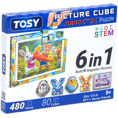 TOSY Picture Cube Bunny Friends: 6-in-1 Magnetic Picture Puzzle, Easter Basket Stuffers STEM Gift for Kids & Adults, 80 Blocks, 480 Puzzle Faces