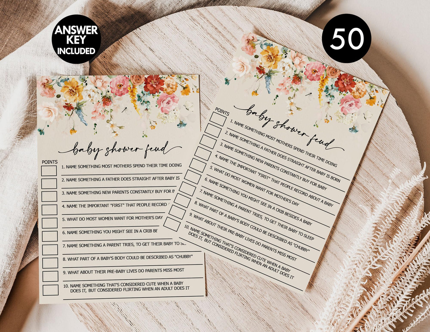 All Ewired Up 50 Baby Shower Family Feud Game Cards, Gender Neutral, Wildflower, Baby in Bloom