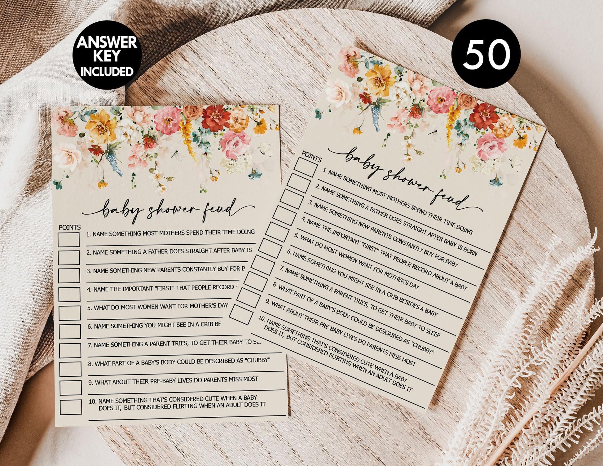 All Ewired Up 50 Baby Shower Family Feud Game Cards, Gender Neutral, Wildflower, Baby in Bloom