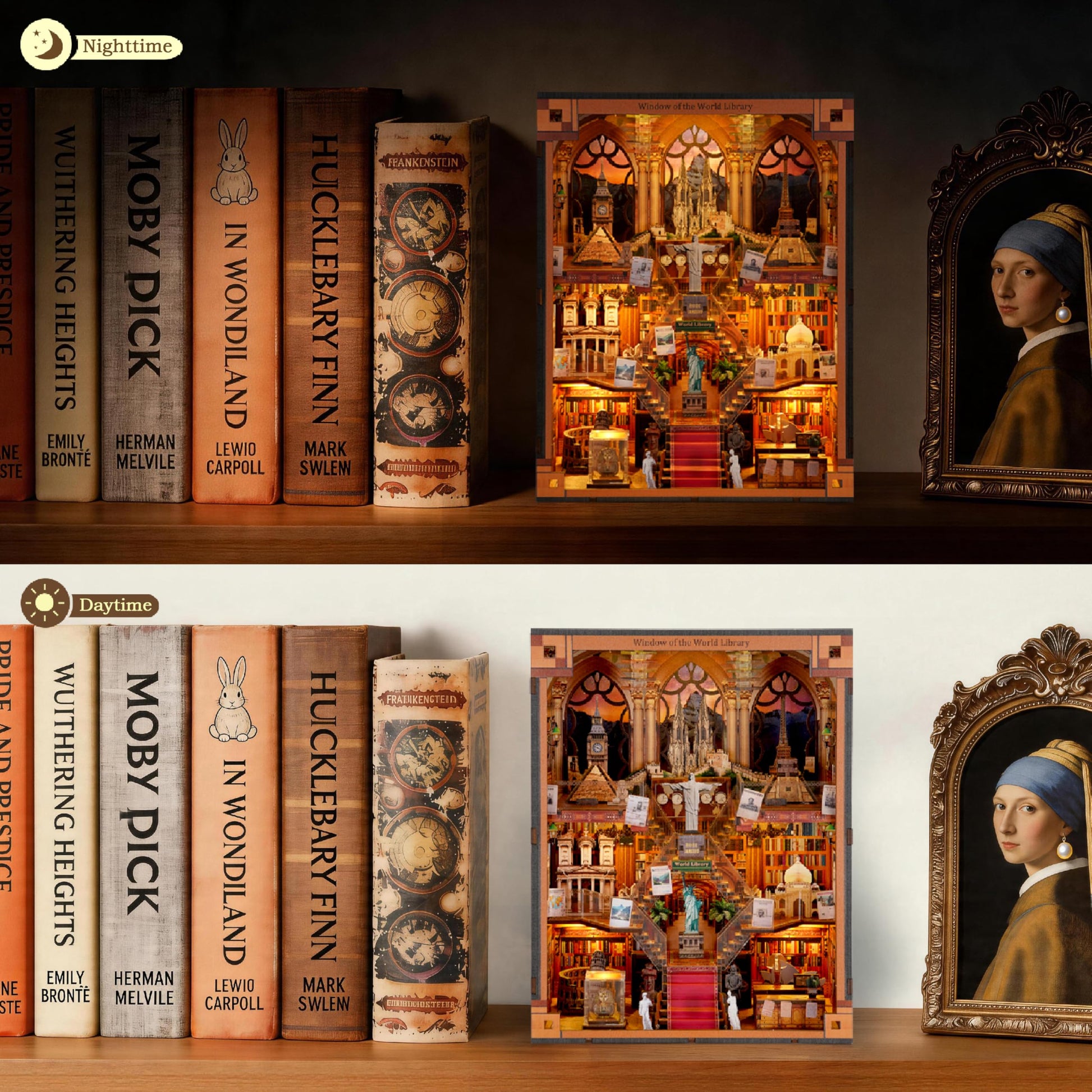 Book Nook Kit - DIY Miniature World Library Booknook - 3D Wooden Puzzle with LED Lights - Creative Bookshelf Insert & Educational Gift for Adults