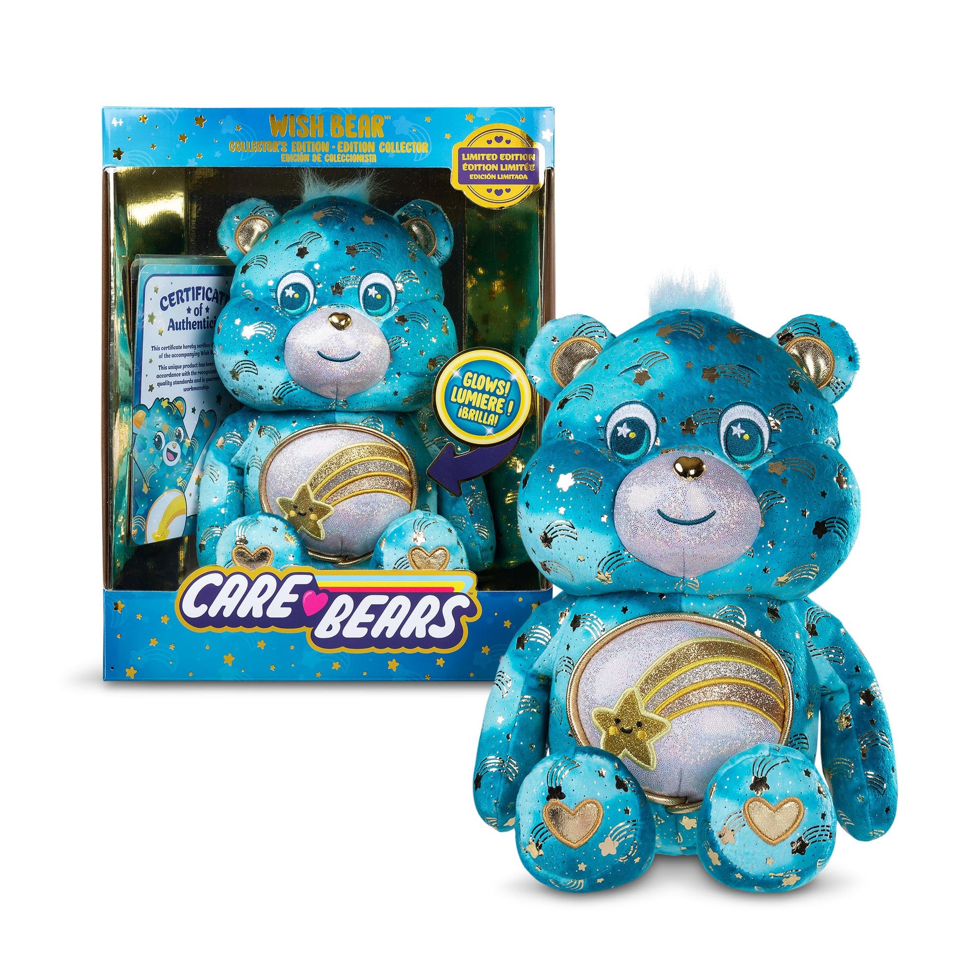Basic Fun Care Bears 35 cm Luminous Belly Plush - Wish Bear - Soft Environmentally Friendly Toy with Illuminated Belly Badge - Comfortable Collectable