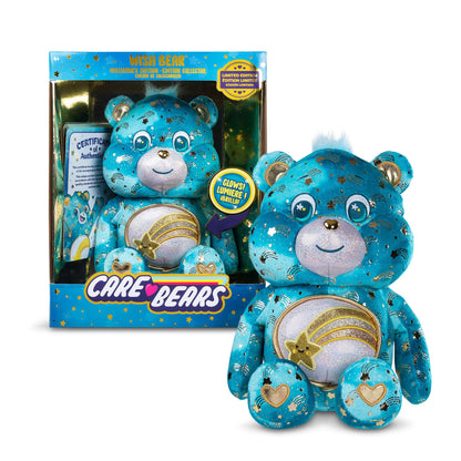 Basic Fun Care Bears 35 cm Luminous Belly Plush - Wish Bear - Soft Environmentally Friendly Toy with Illuminated Belly Badge - Comfortable Collectable