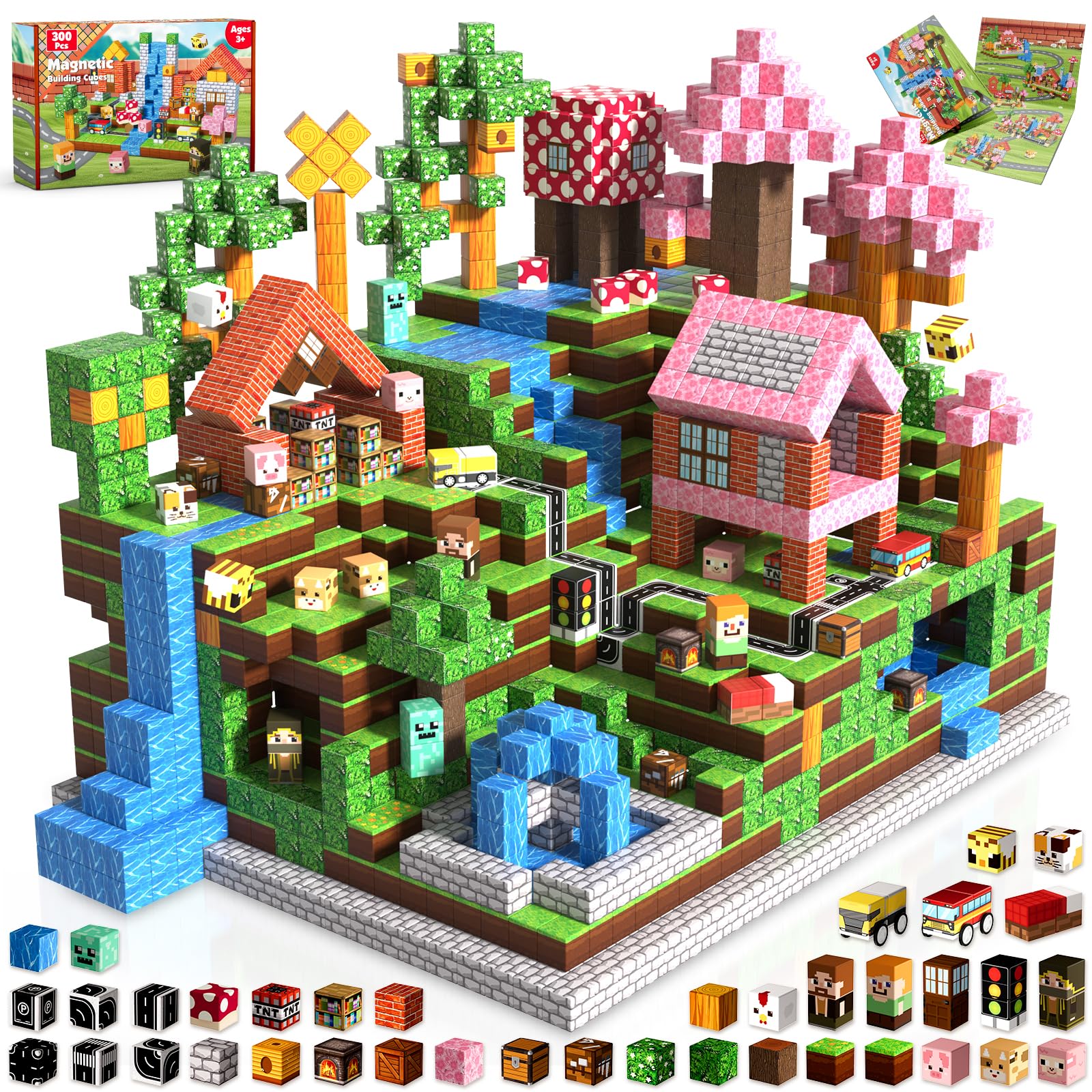 Annexfun Magnetic Blocks - 300PCS Magnetic Building Blocks Road Forest Magnetic Cubes - Sensory Toys for Montessori Toddler Birthday Gifts -STEM