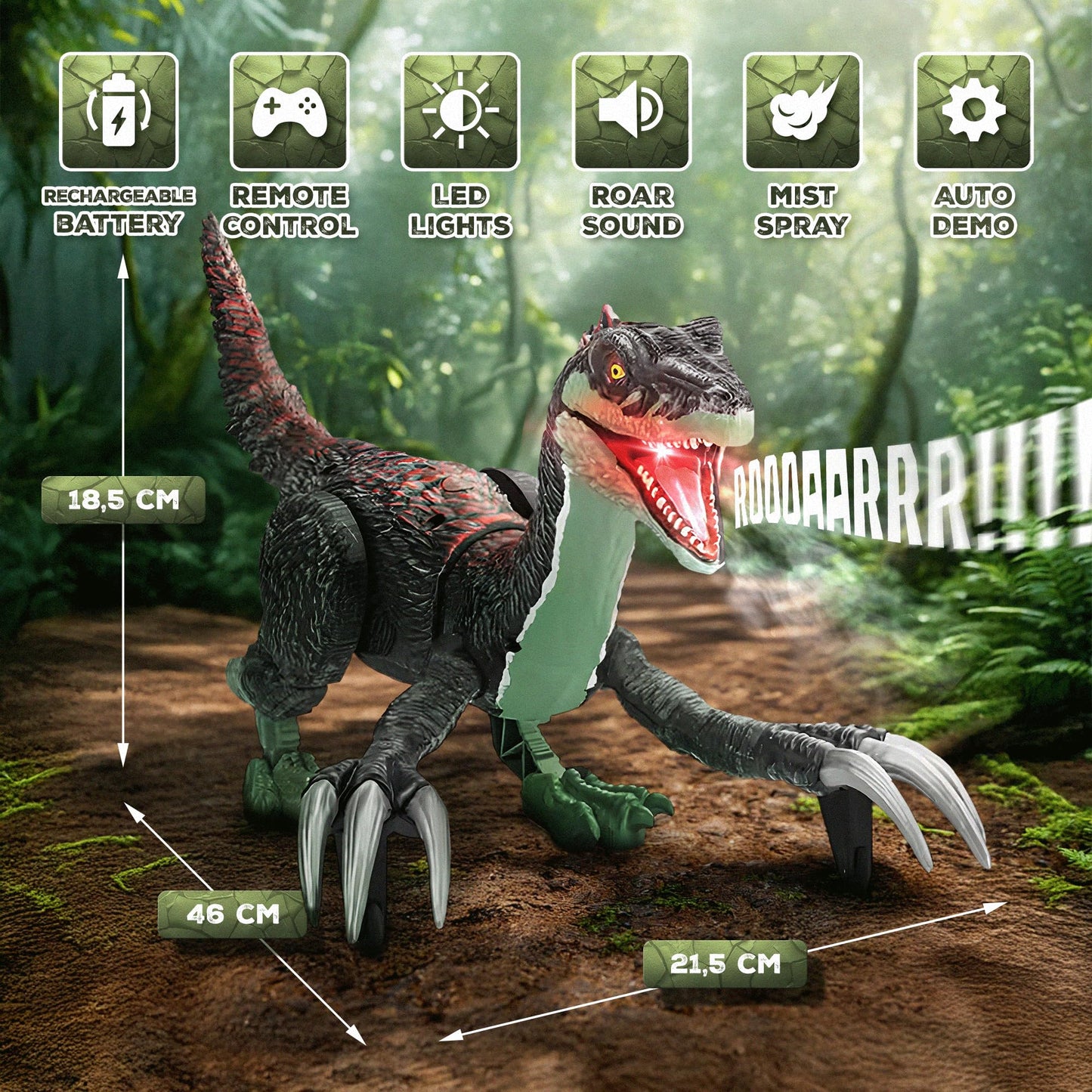 Remote Control Dinosaur Toy for Kids - RC Dinosaur - Walking Velociraptor Toy with Mist Spray, Lights & Roar - Birthday Gift Ideas for Boys and Girls