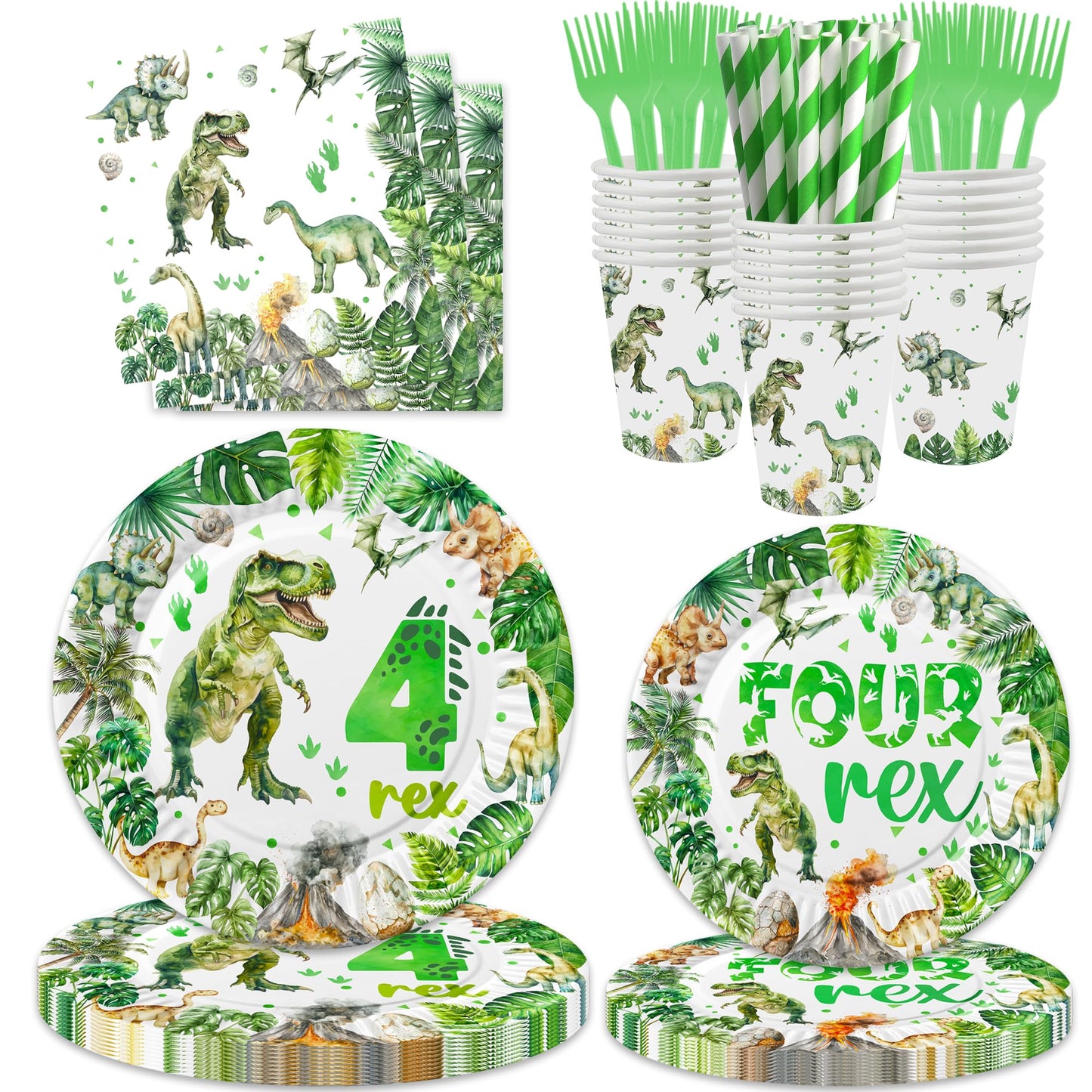 208 Pcs Dinosaur 4th Birthday Party Supplies, Green Dino Roar I'm Four Birthday Decorations, 20 Serves Include Plates, Cups, Napkins, Tablecloth, Cake