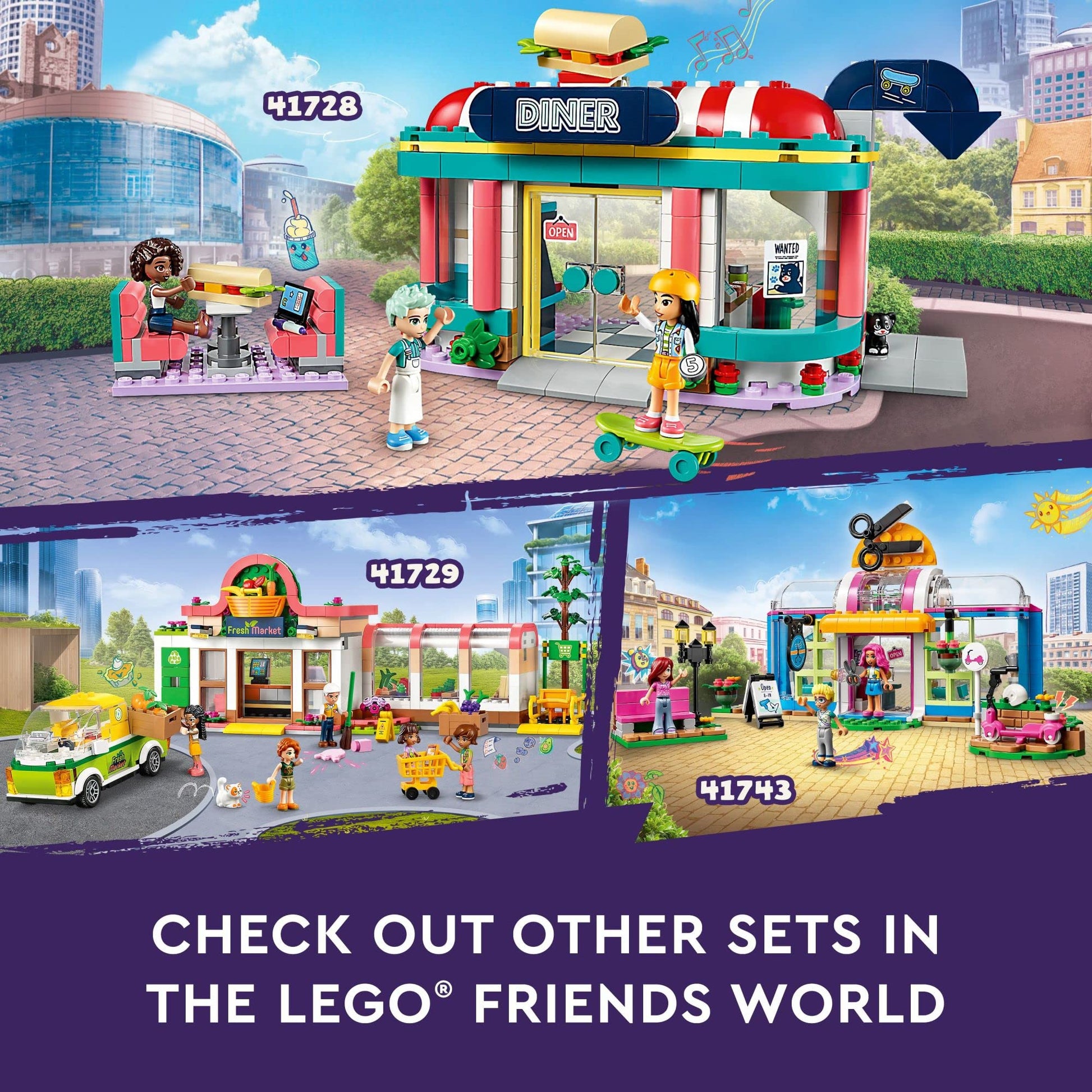LEGO Friends Heartlake Downtown Diner Building Toy - Restaurant Pretend Playset with Food, Includes Mini-Dolls Liann, Aliya, and Charli, Birthday Gift