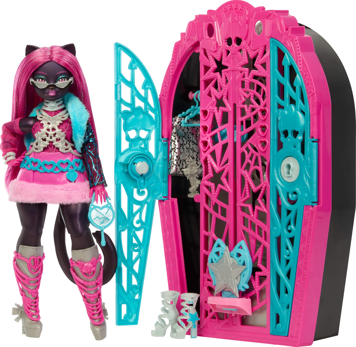 Monster High Skulltimate Secrets Doll and Accessories Set, Hauntlywood Mysteries Catty Noir with Reveal Closet & 19+ Glam Surprises Like Doll Clothes