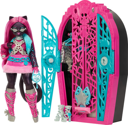 Monster High Skulltimate Secrets Doll and Accessories Set, Hauntlywood Mysteries Catty Noir with Reveal Closet & 19+ Glam Surprises Like Doll Clothes