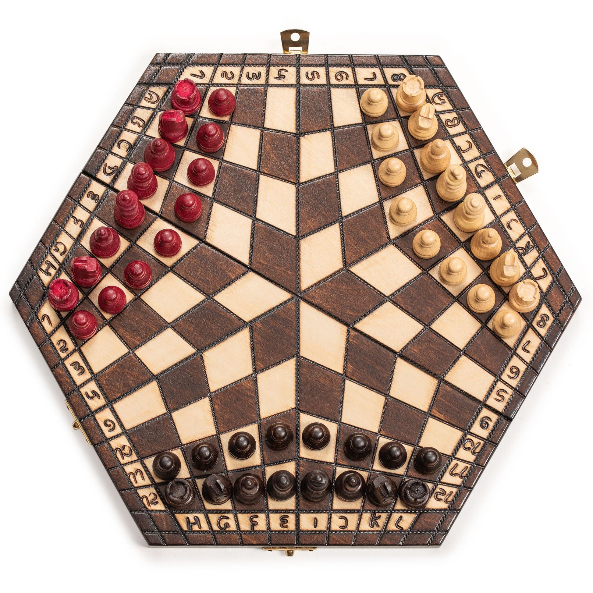 Husaria Wooden Three-Player Chess - 12 Inches - with Foldable Board, Handcrafted Playing Pieces, and Felt-Lined Storage