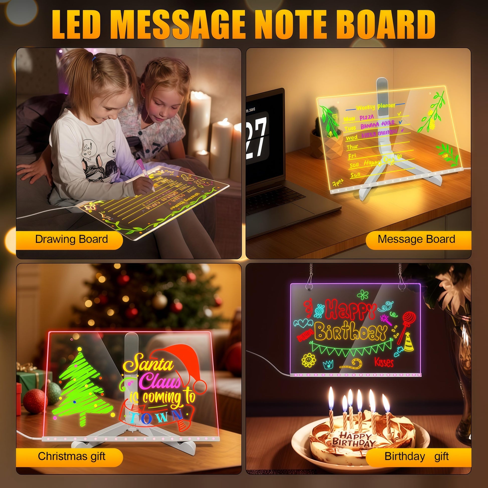LED Drawing Board with 7-Colors,Equipped with Stand,8 Colored pens (with Eraser Caps),Sketchbook,Adapter, Hook, Chain, Spray Bottle, Cloth
