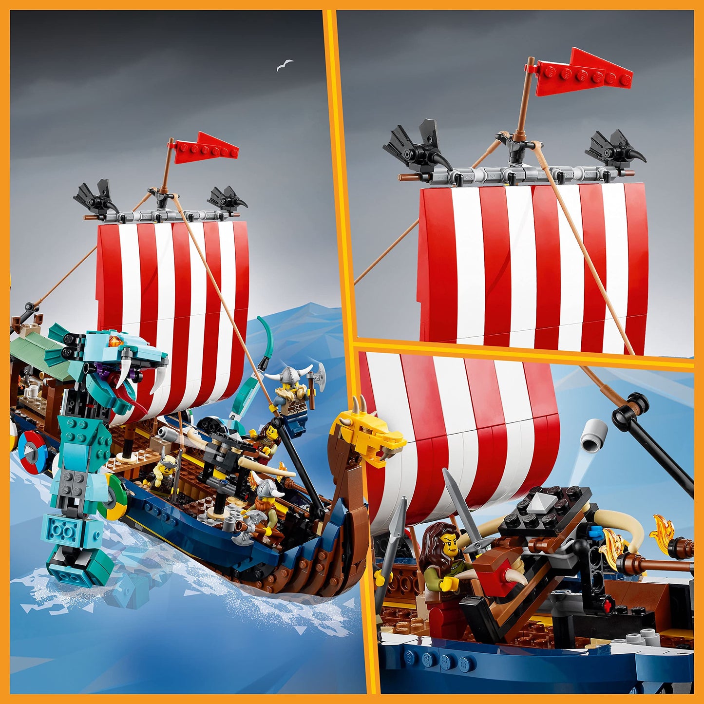 LEGO Creator 3 in 1 Viking Ship and The Midgard Serpent, Transforms from Amazing Ship to Viking House or Fenris Wolf Figure, Gifts for Kids, Boys, and