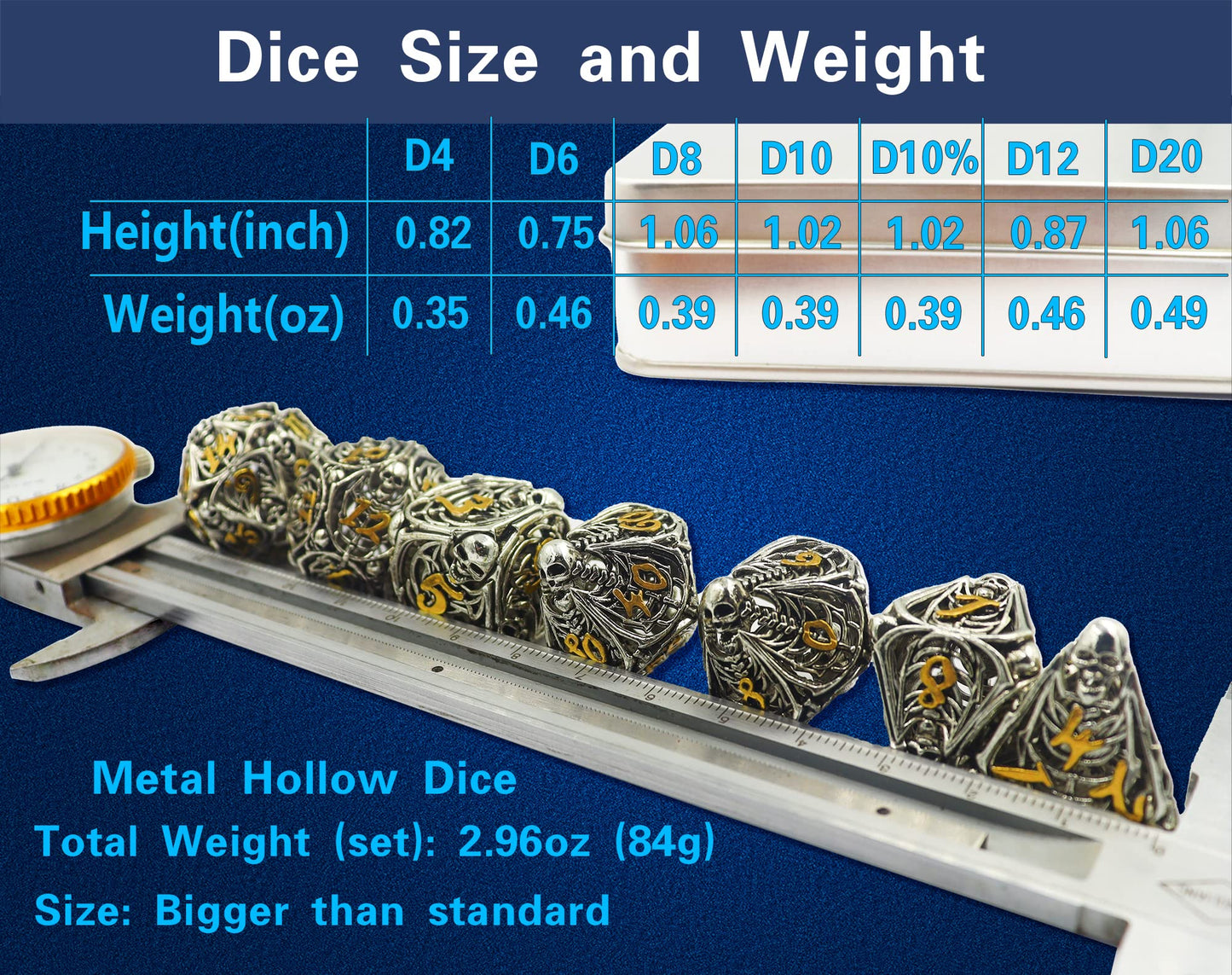 Metal DND Dice Set Skull Dungeons and Dragon Dice Set Hollow Polyhedral Magic 7 PCS Dice Set with Gift Metal Box for Dungeons and Dragons Table Games