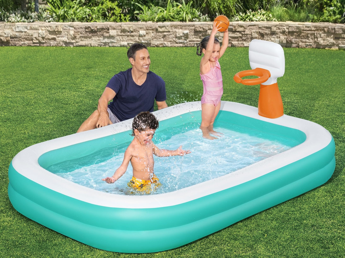 H2OGO! Inflatable Family Kiddie Pool, Dunk'n Splash 8'3" x 66" x 40" Outdoor Inflatable Swimming Pool with Basketball Hoop for Kids