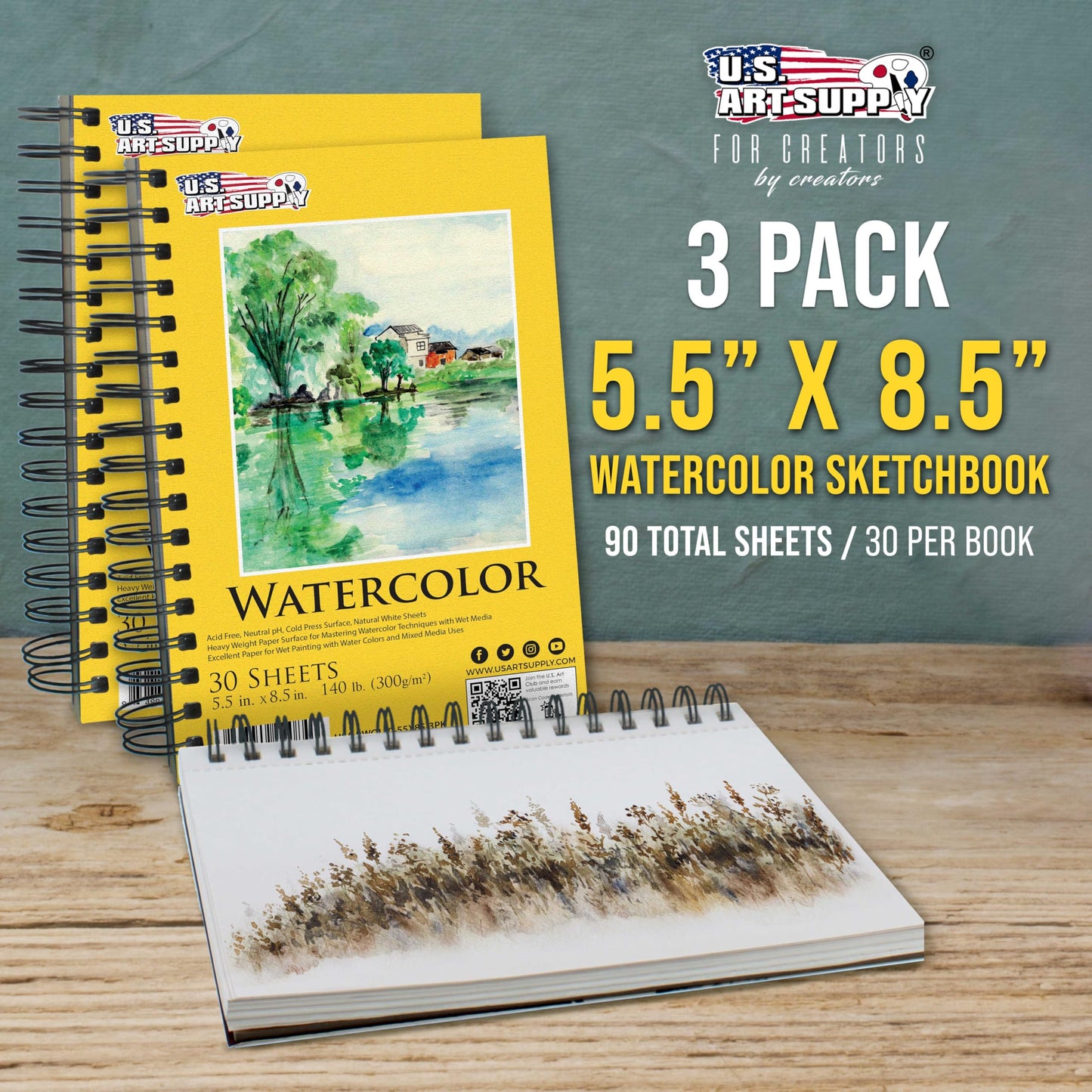 U.S. Art Supply 5.5" x 8.5" Premium Heavyweight Watercolor Paper Pad, Pack of 3 (30 Sheets Each), 140lb (300gsm) - Spiral Bound, Cold Pressed