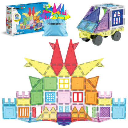 PicassoTiles 100PC Full Size & Travel Magnetic Tile Playset with Toy Bag