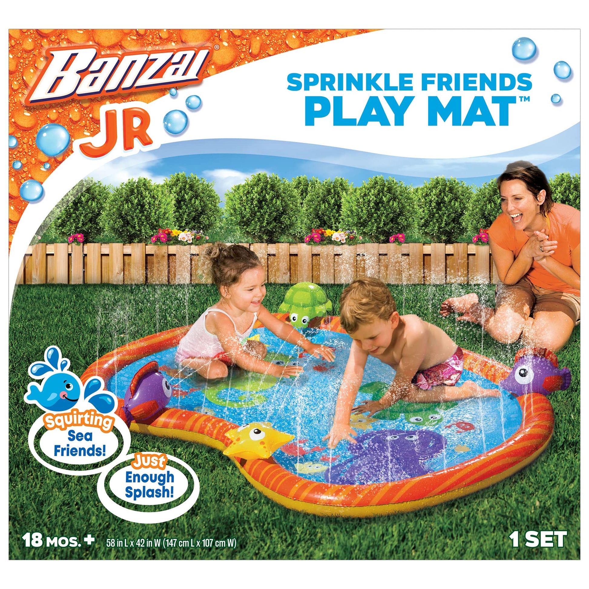 BANZAI Splash Pad Toddler Water Play Mat, 58 in Outdoor Kids Sprinkler Mat with 3D Sea Characters, Baby Splash Pad for Backyard Summer Fun