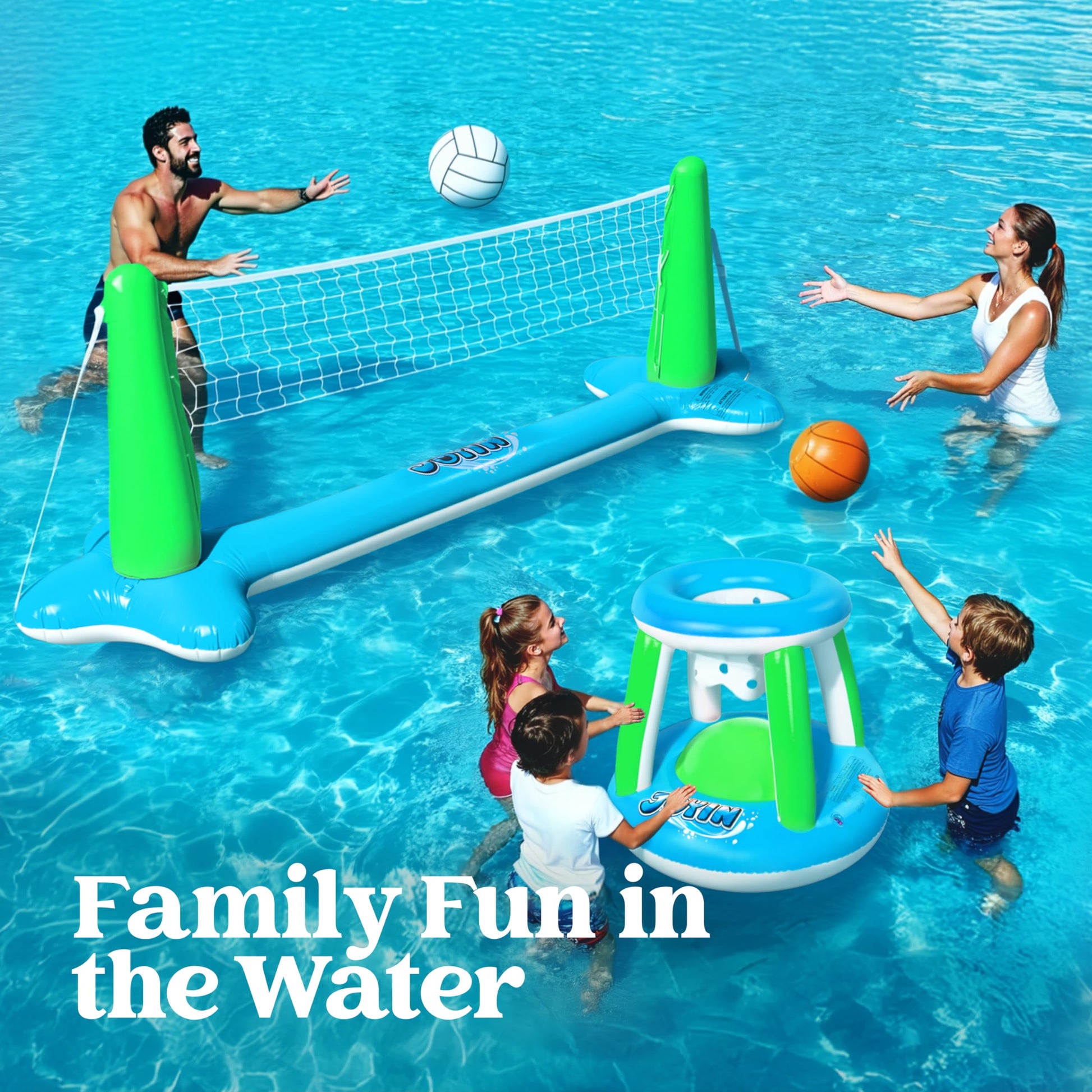 JOYIN Inflatable Volleyball Net & Basketball Hoops Pool Float Set; Balls Included for Kids and Adults, Summer Pool Game, Floaties, Volleyball Court