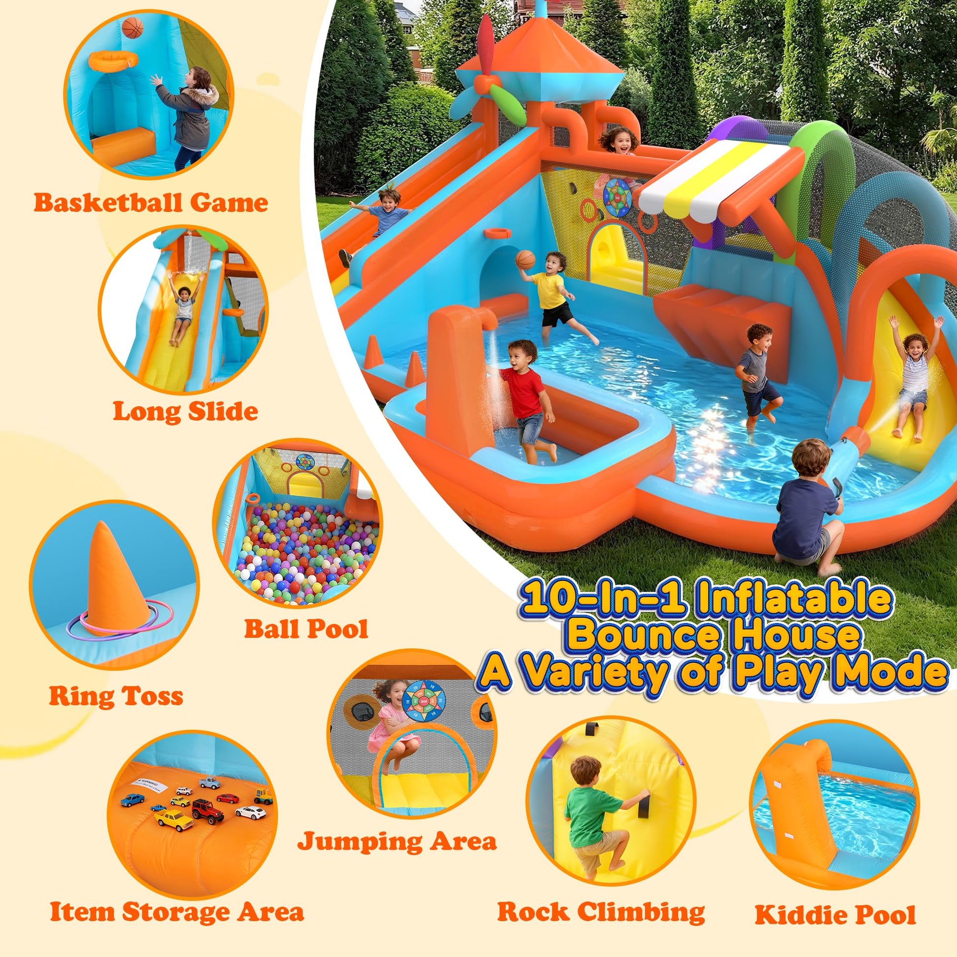 Inflatable Bounce House with Double Slide, 10 in 1 Large Bounce Castle with 750W Blower, Water Slide, Jumping, Splash Pool, Climbing Wall, Toy Stand