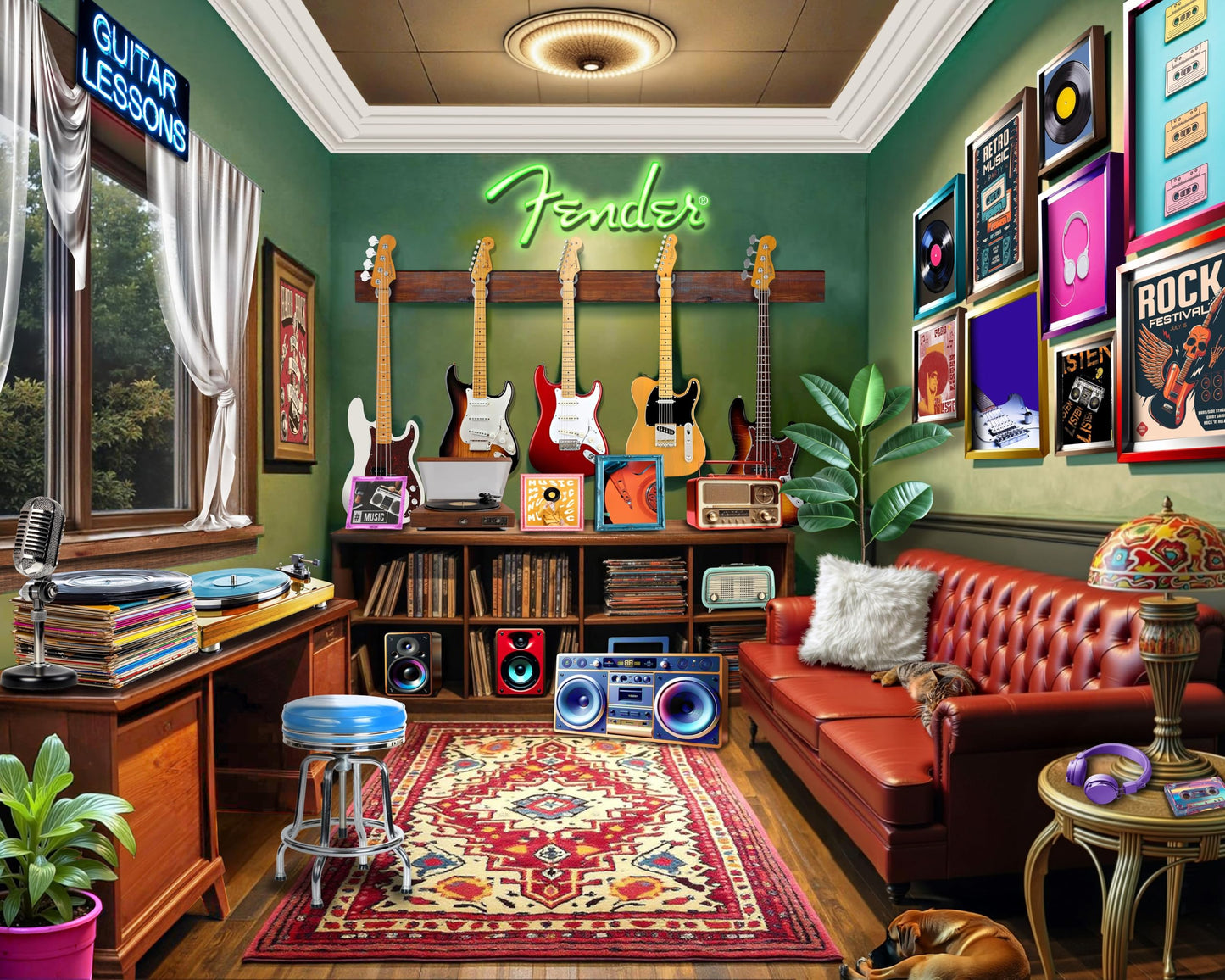 Springbok Fender Guitar Lessons 1000 Piece Jigsaw Puzzle for Adults & Family - Poster Now Included - Music Classroom, Guitar Art & Sheet Music Scene