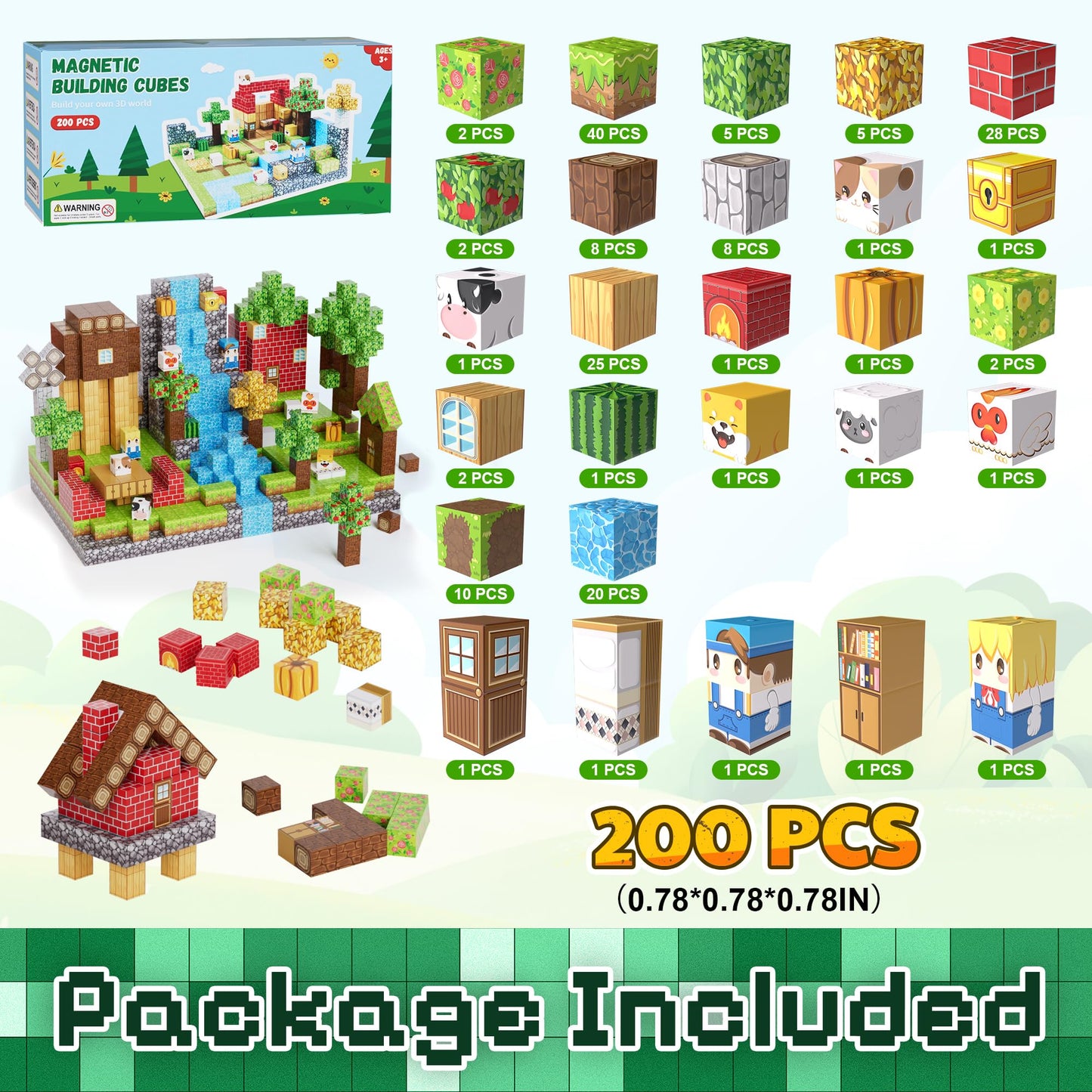 Fitrobust 200PCS Magnetic Building Blocks Set, Magnetic Tiles Kids Build Cubes STEM Game Toys, Build Forest World Set, Christmas Birthday Gifts