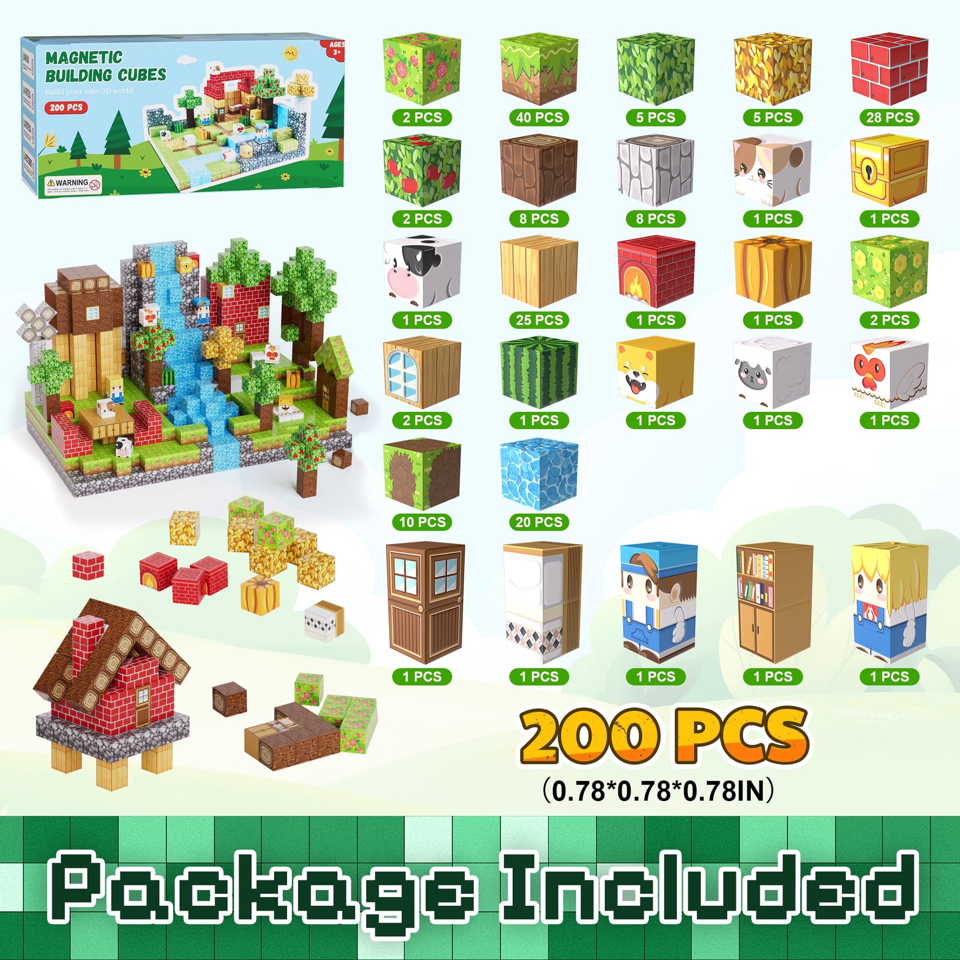 Fitrobust 200PCS Magnetic Building Blocks Set, Magnetic Tiles Kids Build Cubes STEM Game Toys, Build Forest World Set, Christmas Birthday Gifts