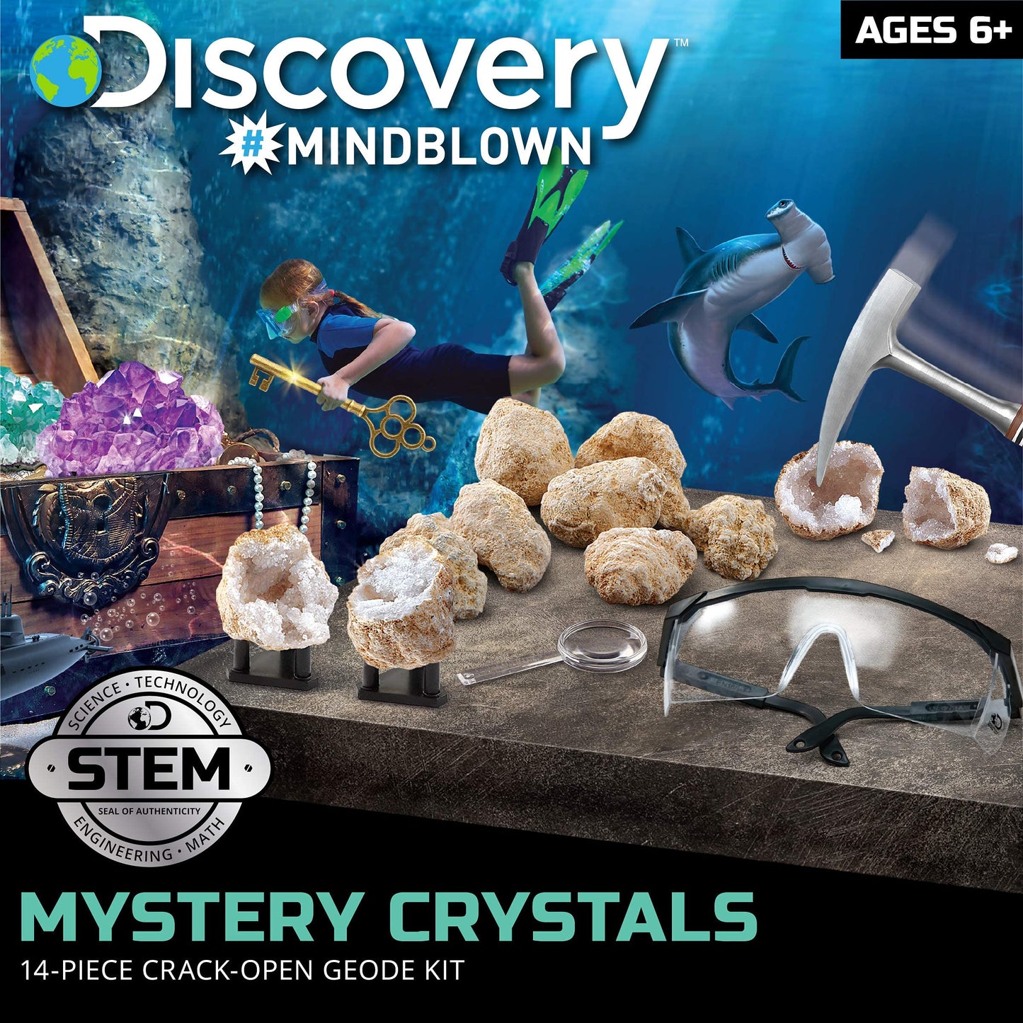 Discovery™ Mystery Crystal Geode Kit - Crack Open 10 Real Quartz Geodes| Includes Goggles, Magnifying Glass & Display Stands| Educational STEM Geology