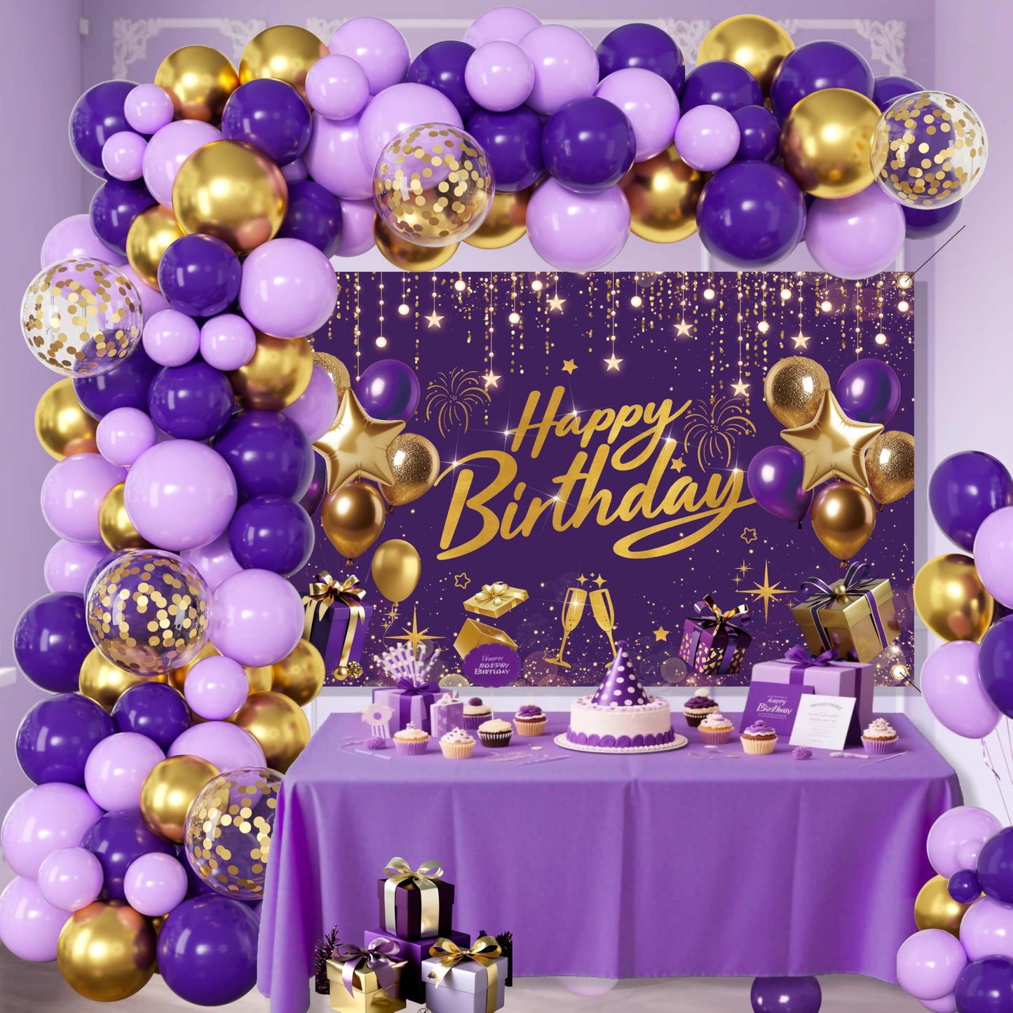 Purple and Gold Birthday Decorations for Women,Party Supplies with Happy Birthday Backdrop,Balloon Garland Arch Kit For Girls