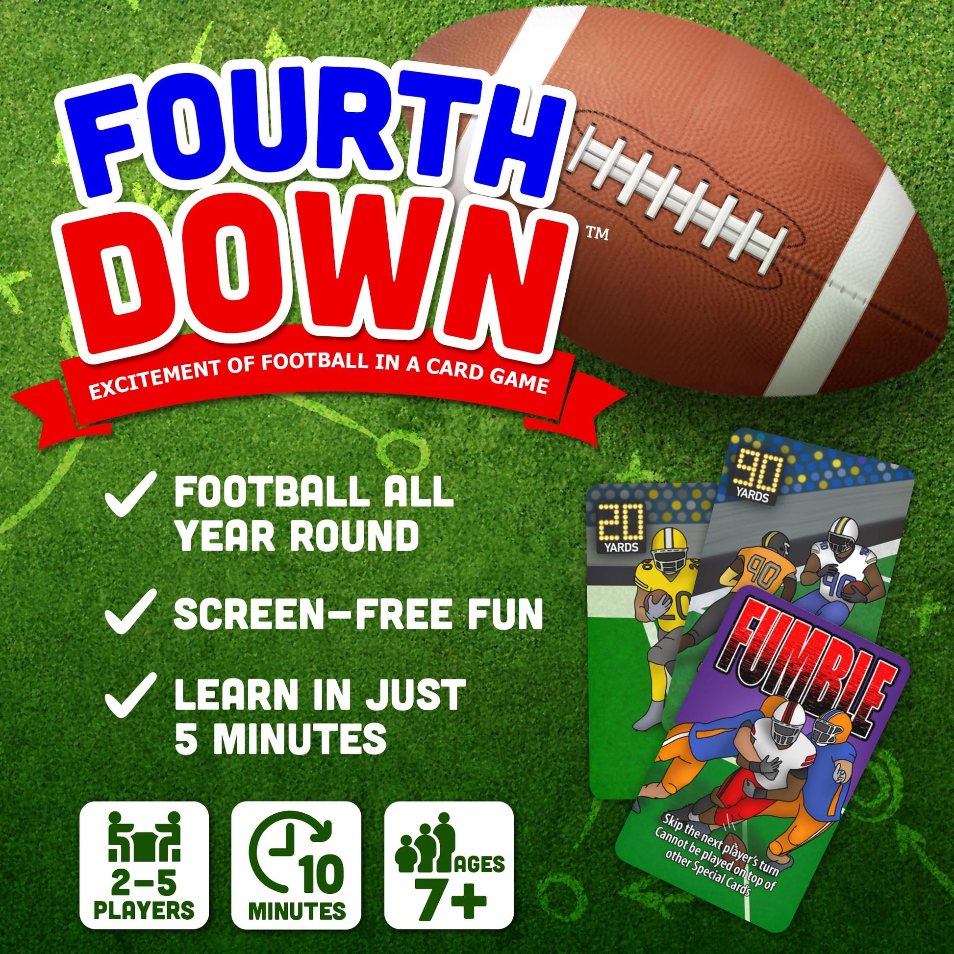 Fourth Down Football Card Game for Kids & Families | Fast-Paced Sports Game for Kids 8-12 | Birthday Gift for Boys, Travel Game | Illustrated Football