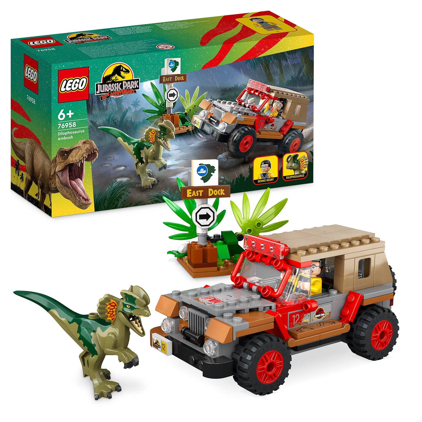 LEGO 76958 Jurassic Park Dilophosaurus Ambush Dinosaur Toy Set with Figure and Jeep for Children from 6 Years