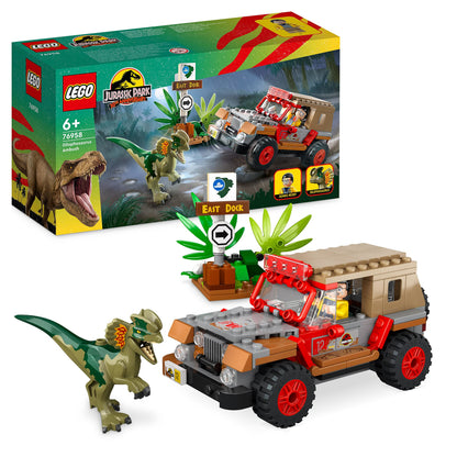 LEGO 76958 Jurassic Park Dilophosaurus Ambush Dinosaur Toy Set with Figure and Jeep for Children from 6 Years