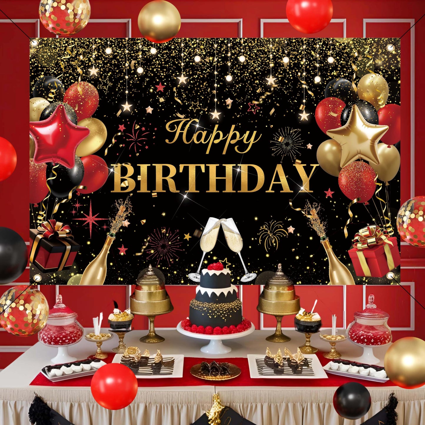 Red Birthday Party Decorations for Women,Balloon Aich kit,Black Gold Confetti Balloons,Happy Birthday Backdrop