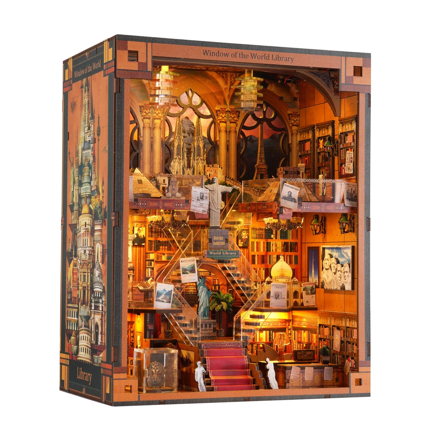 Book Nook Kit - DIY Miniature World Library Booknook - 3D Wooden Puzzle with LED Lights - Creative Bookshelf Insert & Educational Gift for Adults