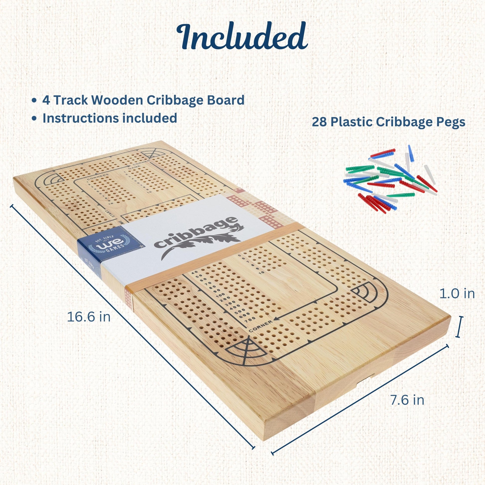 WE Games 4 Player Wooden Cribbage Board, Solid Natural Wood 4 Track Board, Plastic Pegs and Instructions, Card Games for Families and Adults