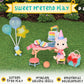Honey Bee Acres Birthday Wishes Playset, 15 Piece Miniature Dollhouse Party Set with Cat Figure, Rainbow Cake, Balloons & Gift, Pretend Play Birthday