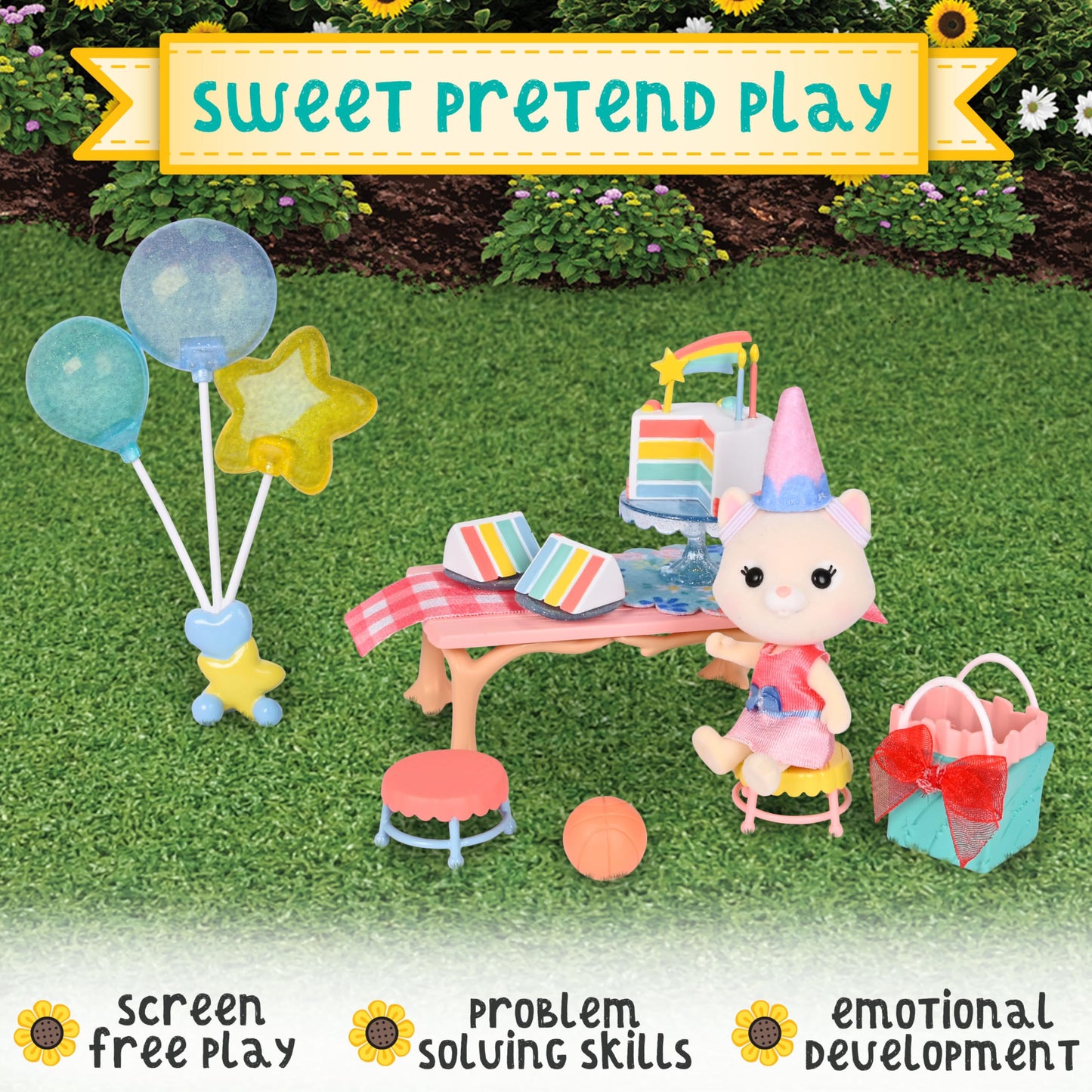 Honey Bee Acres Birthday Wishes Playset, 15 Piece Miniature Dollhouse Party Set with Cat Figure, Rainbow Cake, Balloons & Gift, Pretend Play Birthday