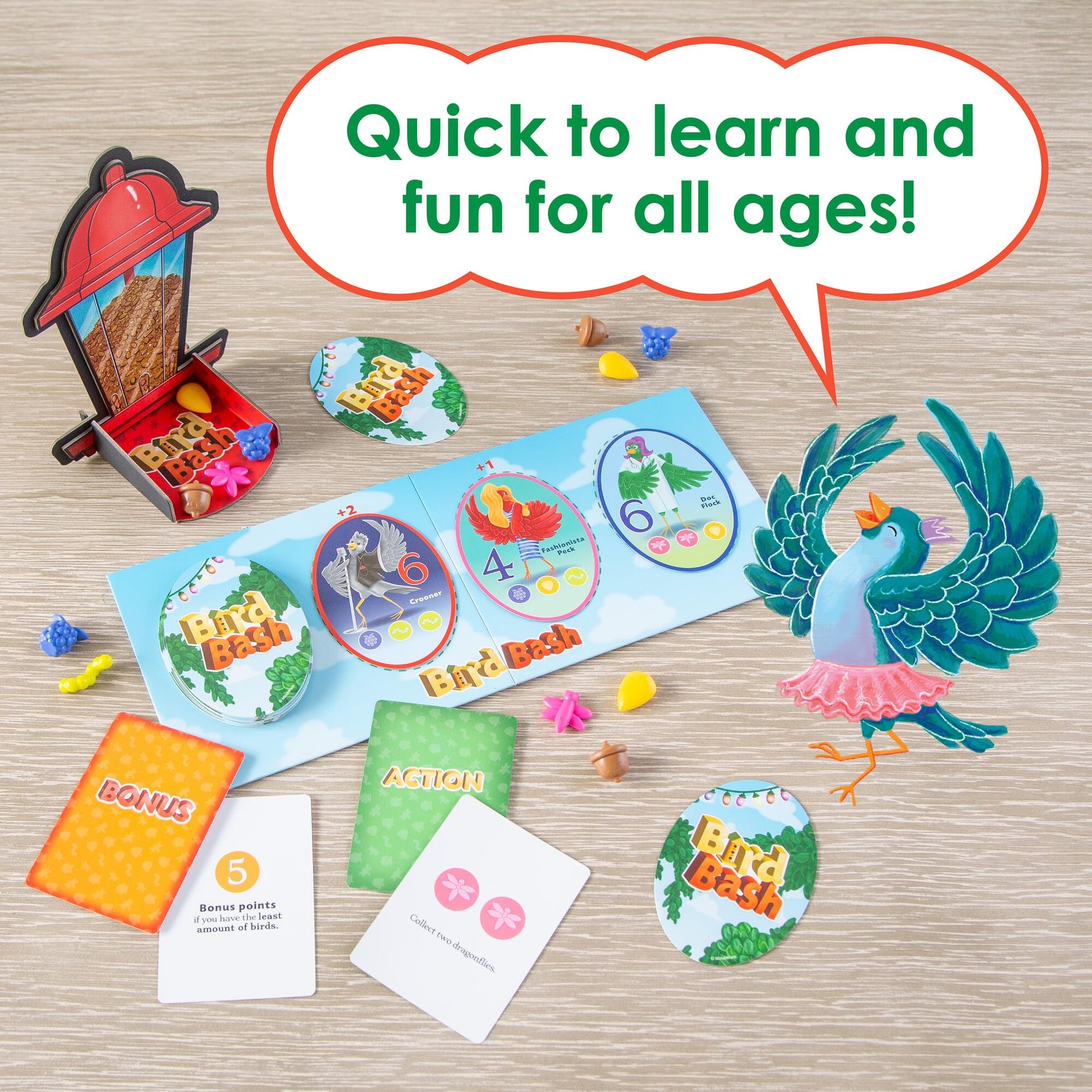 MindWare Bird Bash Family Board Game for 2-4 Players - Easy to Learn and Play in 40 Minutes - Earn Points with Action Cards - Fun Kid Board Games
